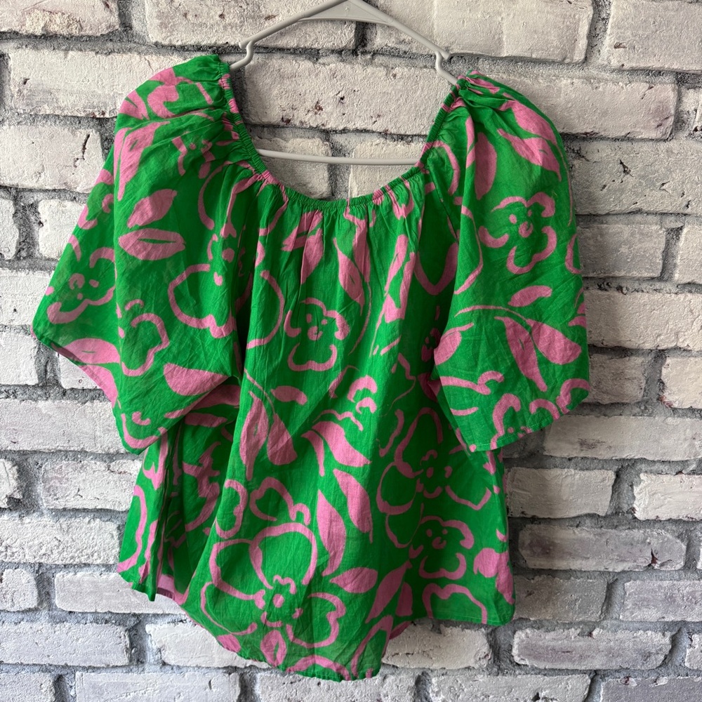 NWT Velvet Graham & Spencer Blouse Top Womens M Green Pink Boxy Cotton Sheer - Picture 2 of 4